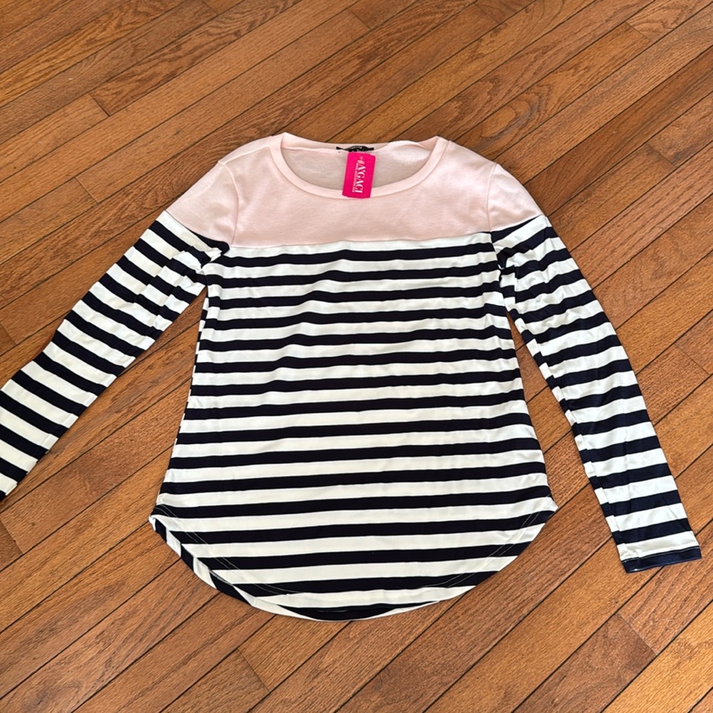 Brand new long sleep pink white and navy blue women’s shirt.